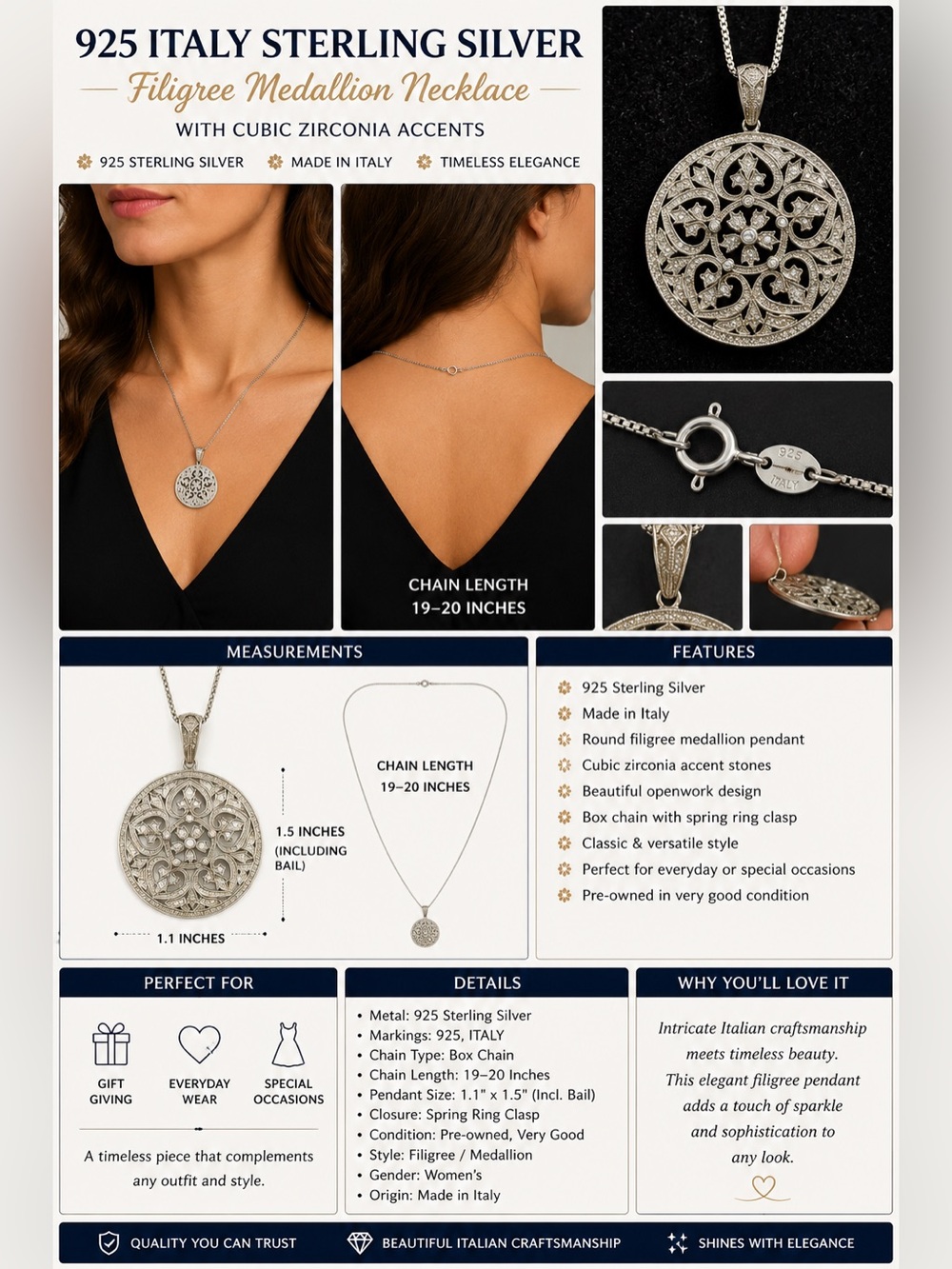 925 Italy Sterling Silver Filigree Round Medallion Pendant Necklace w/ CZ 19"